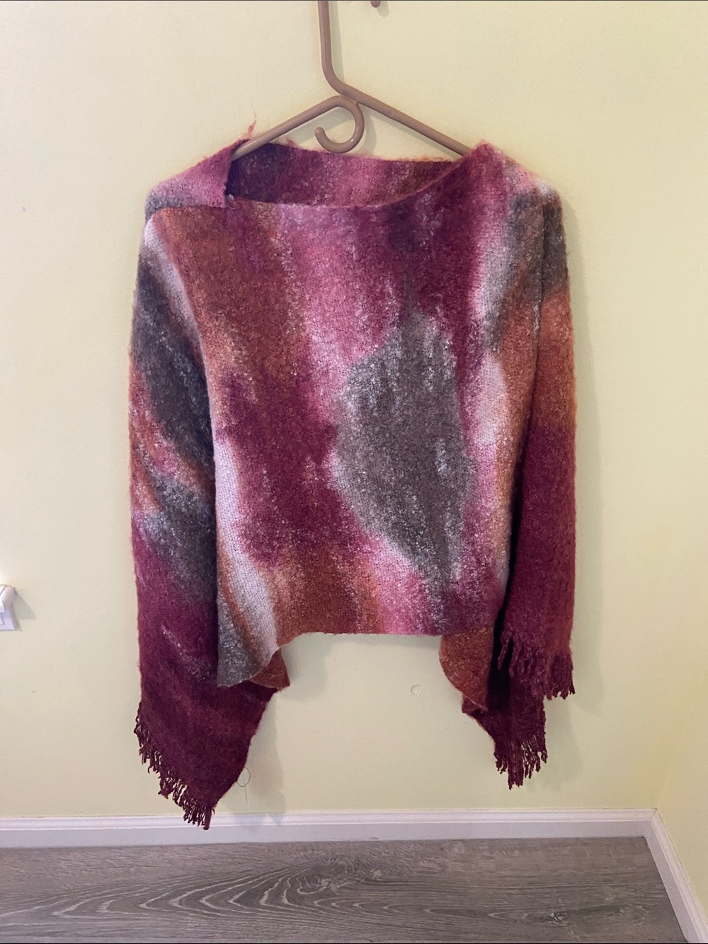 Ombre Fringe Poncho Sweater in Burgundy and Gray
